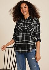 Cabin Plaid Quarter Zip Oversized Top, BLACK COMBO, small
