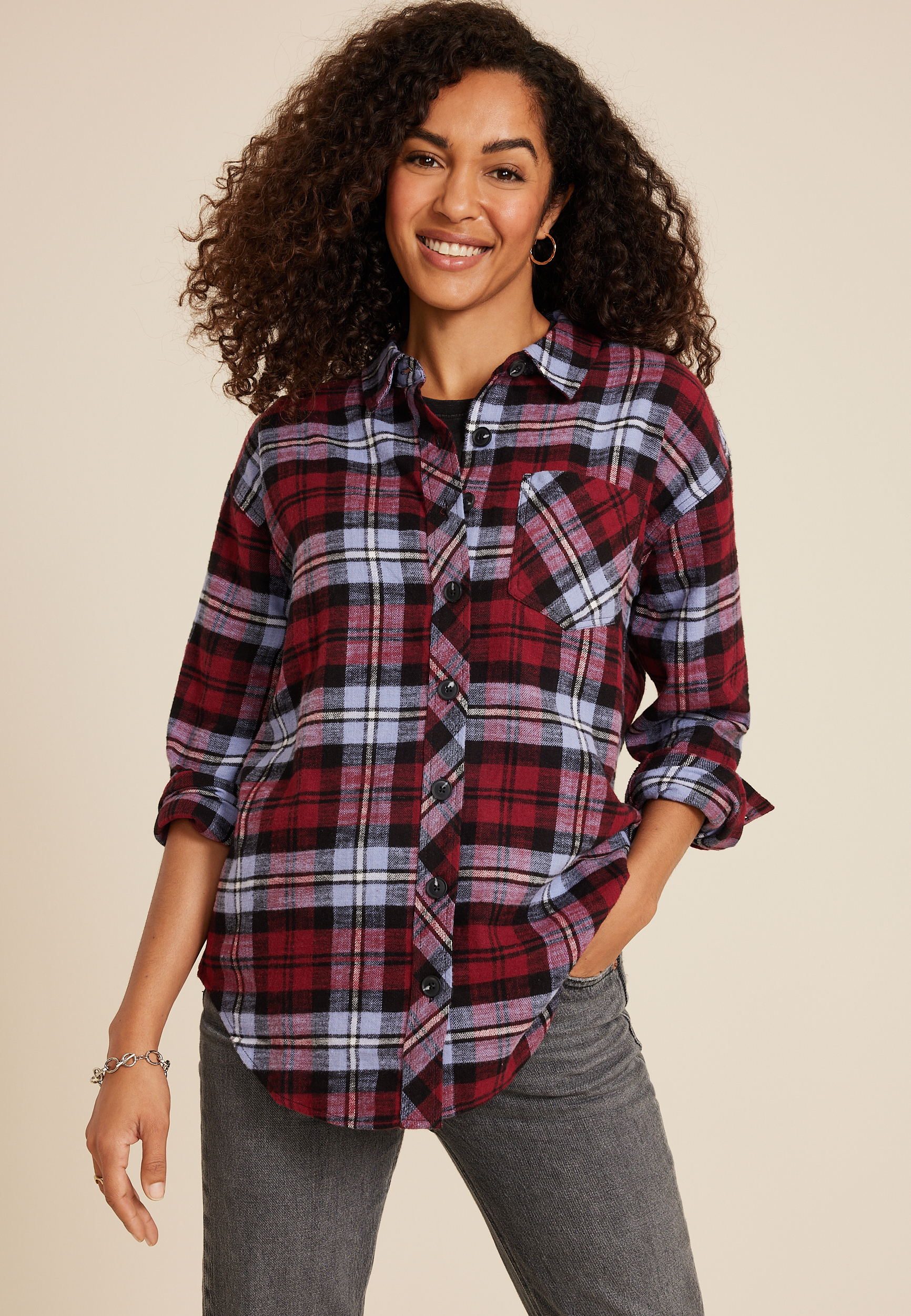 Women s Plaid Button Down Shirts Shackets maurices