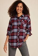 Cabin Plaid Boyfriend Button Down Shirt, C4695, small