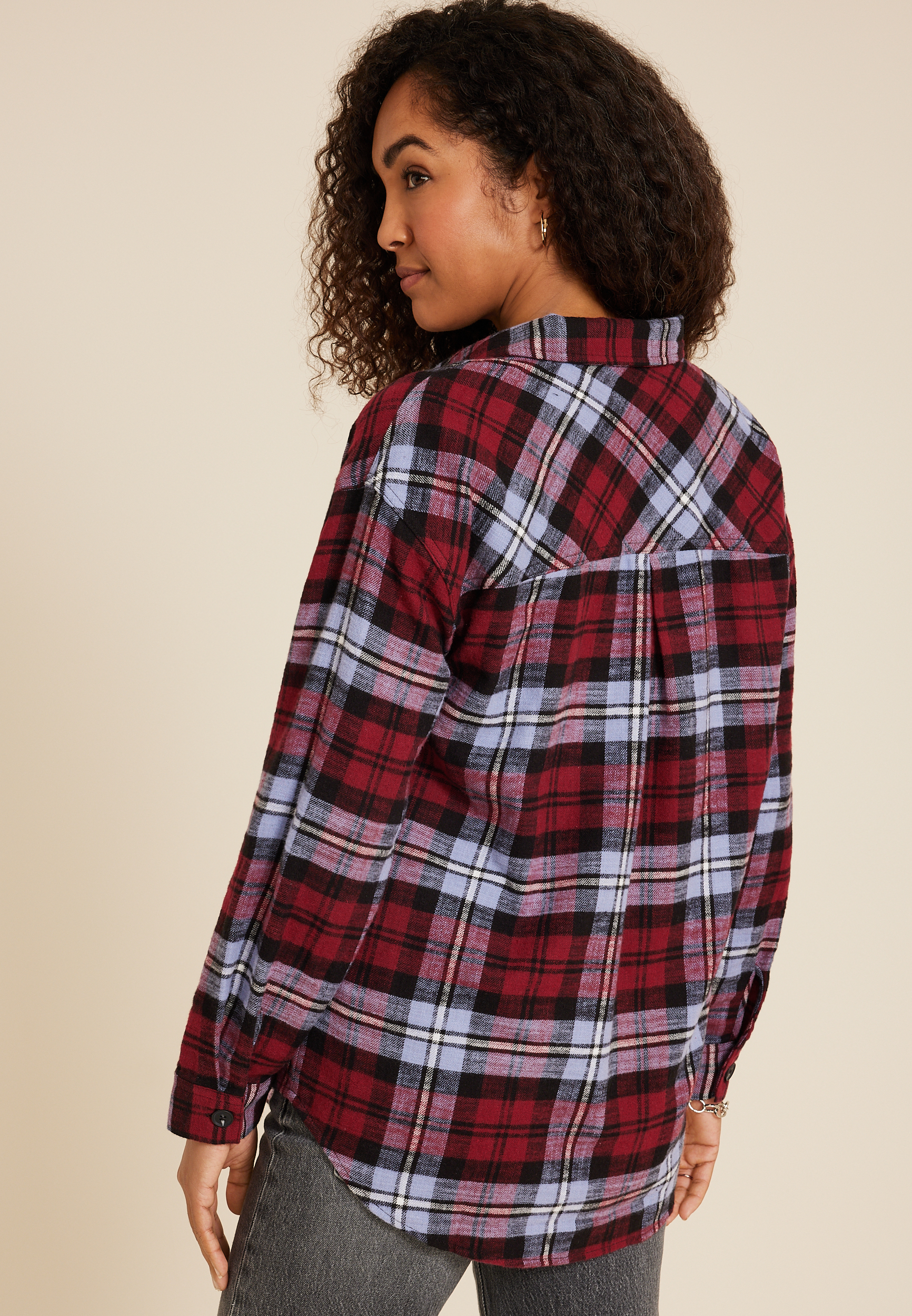 Cabin Plaid Boyfriend Button Down Shirt, C4695, large