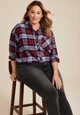 Plus Size Cabin Plaid Boyfriend Button Down Shirt, C4695, small