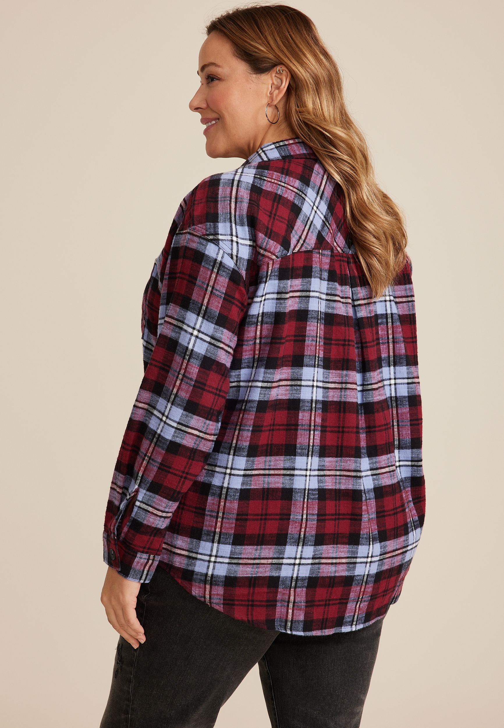 Plus Size Cabin Plaid Boyfriend Button Down Shirt, C4695, large