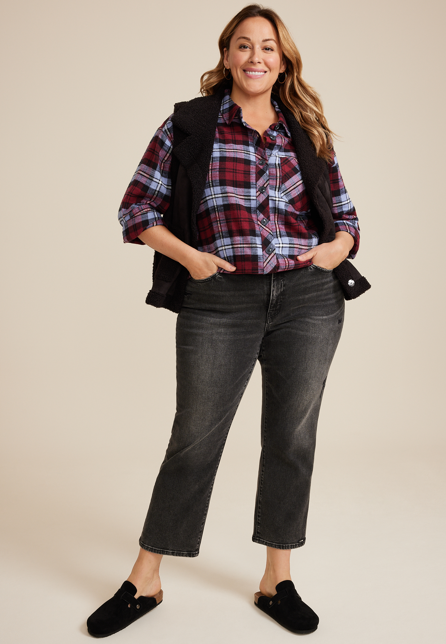 Plus Size Cabin Plaid Boyfriend Button Down Shirt, C4695, large