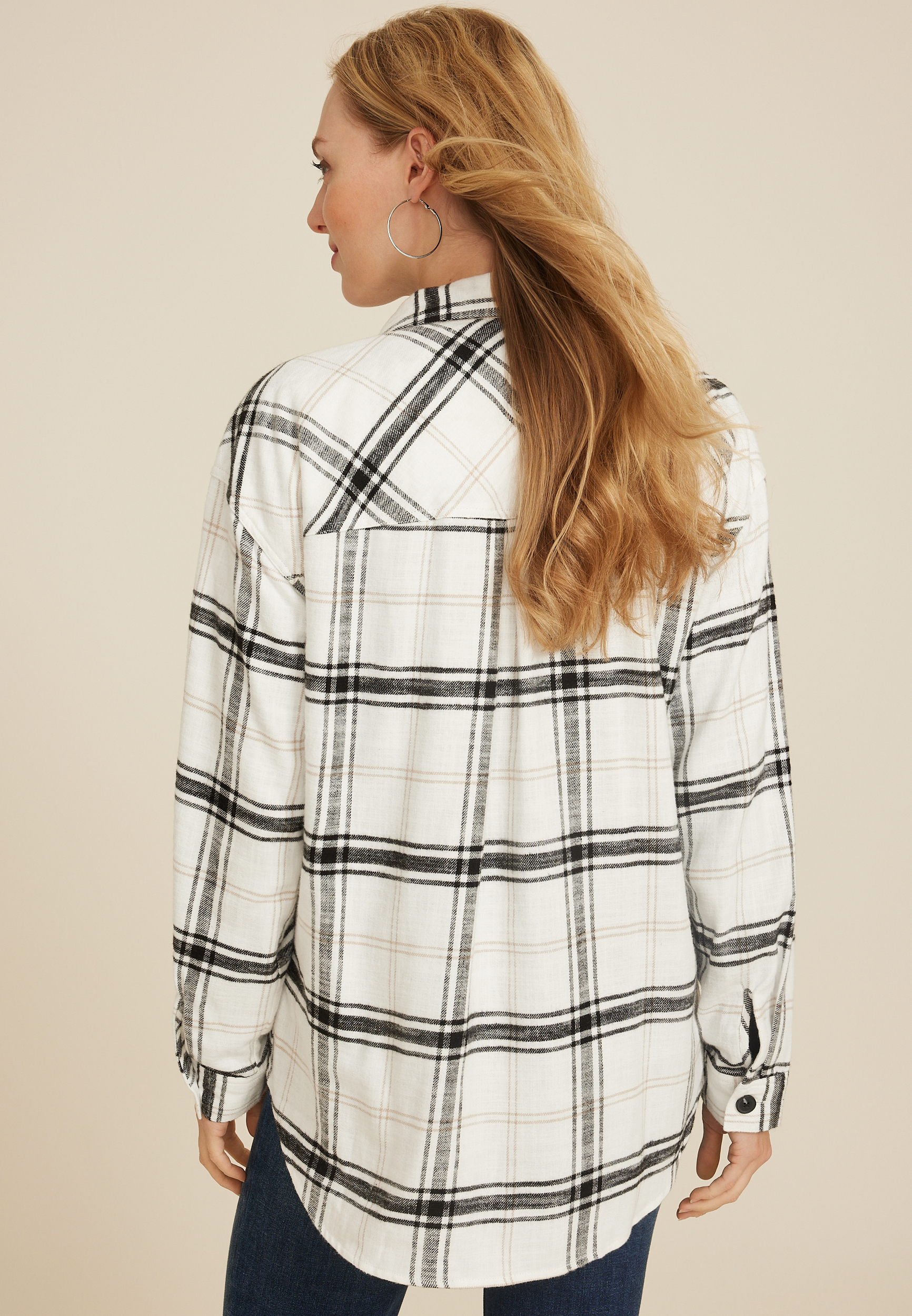 Cabin Plaid Boyfriend Button Down Shirt, SOFT WHITE COMBO, large