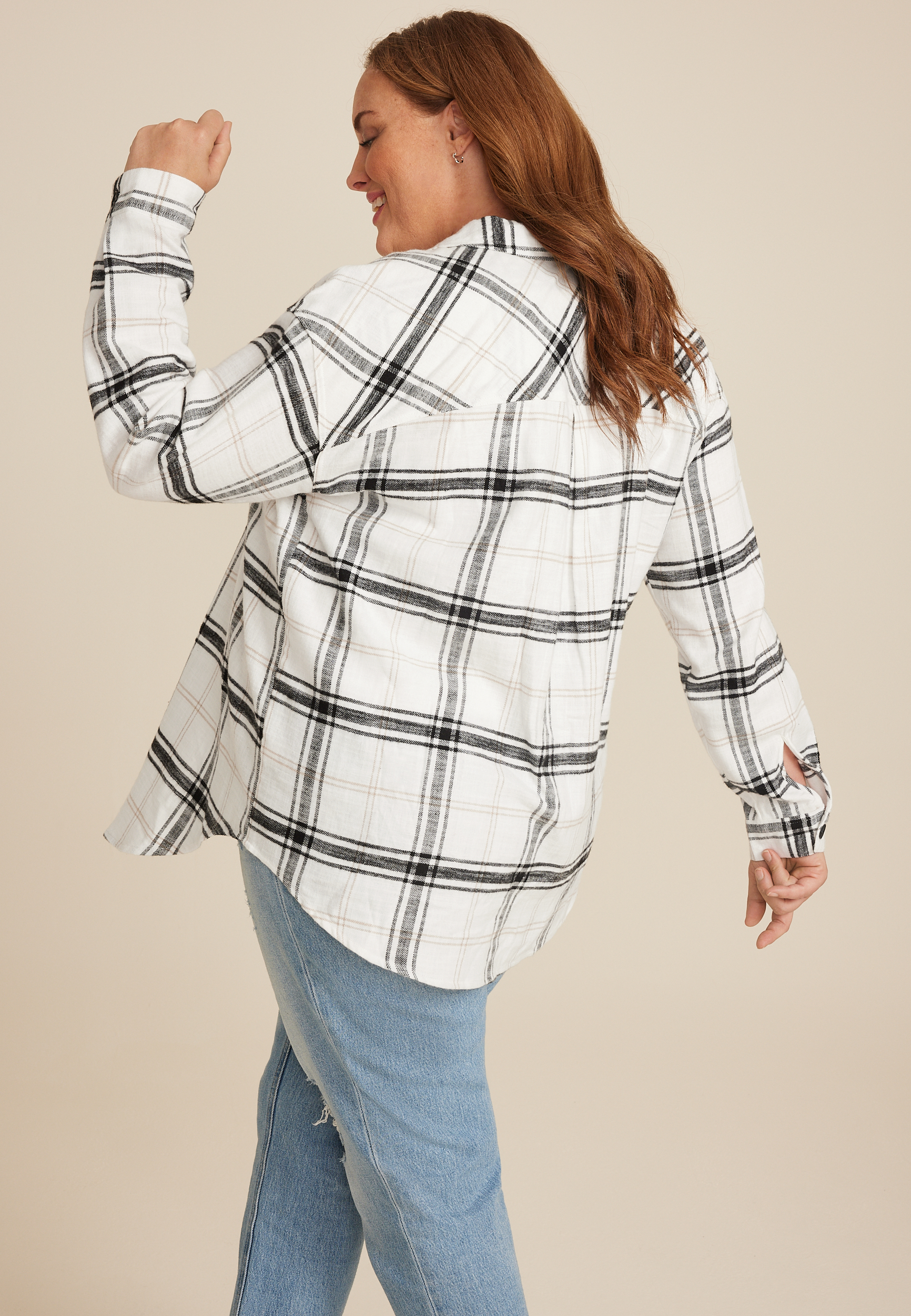 Plus Size Cabin Plaid Boyfriend Button Down Shirt, C2380, large