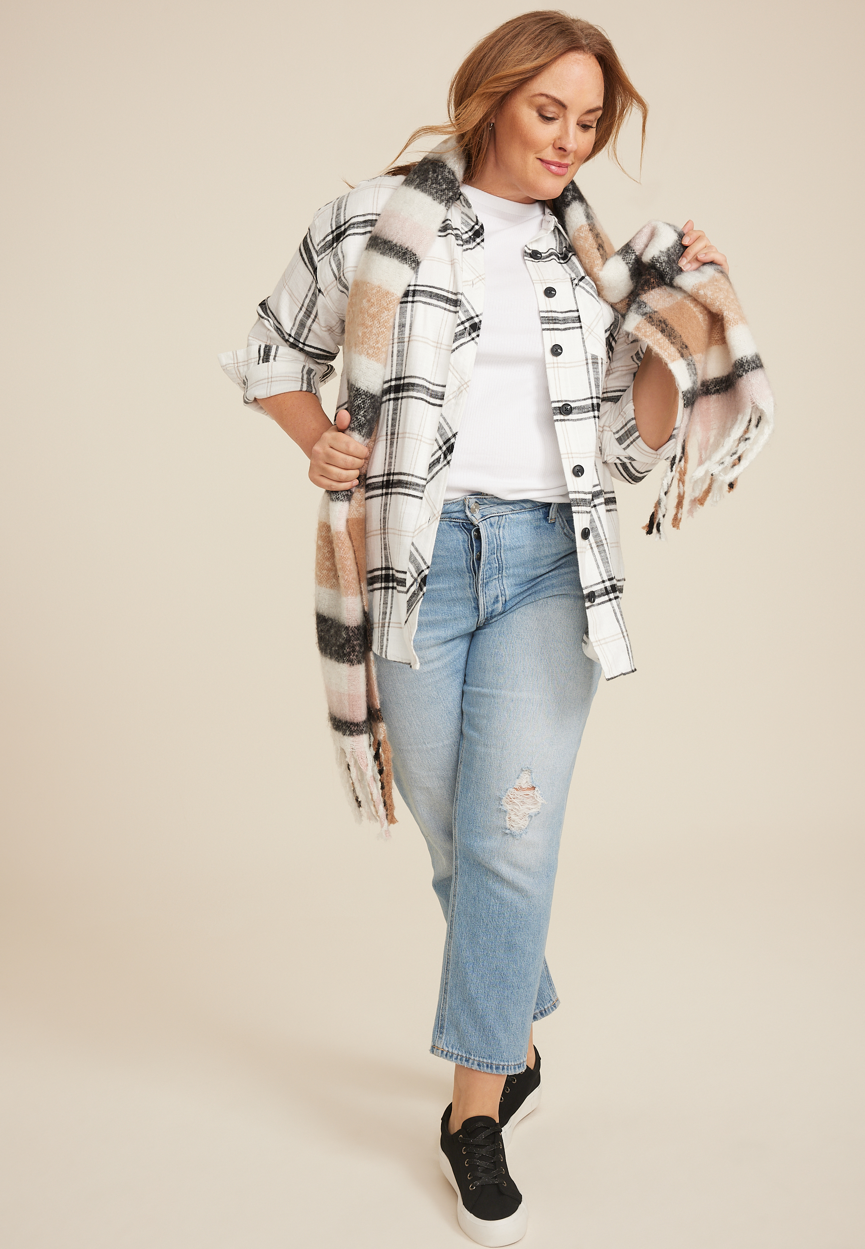 Plus Size Cabin Plaid Boyfriend Button Down Shirt, C2380, large