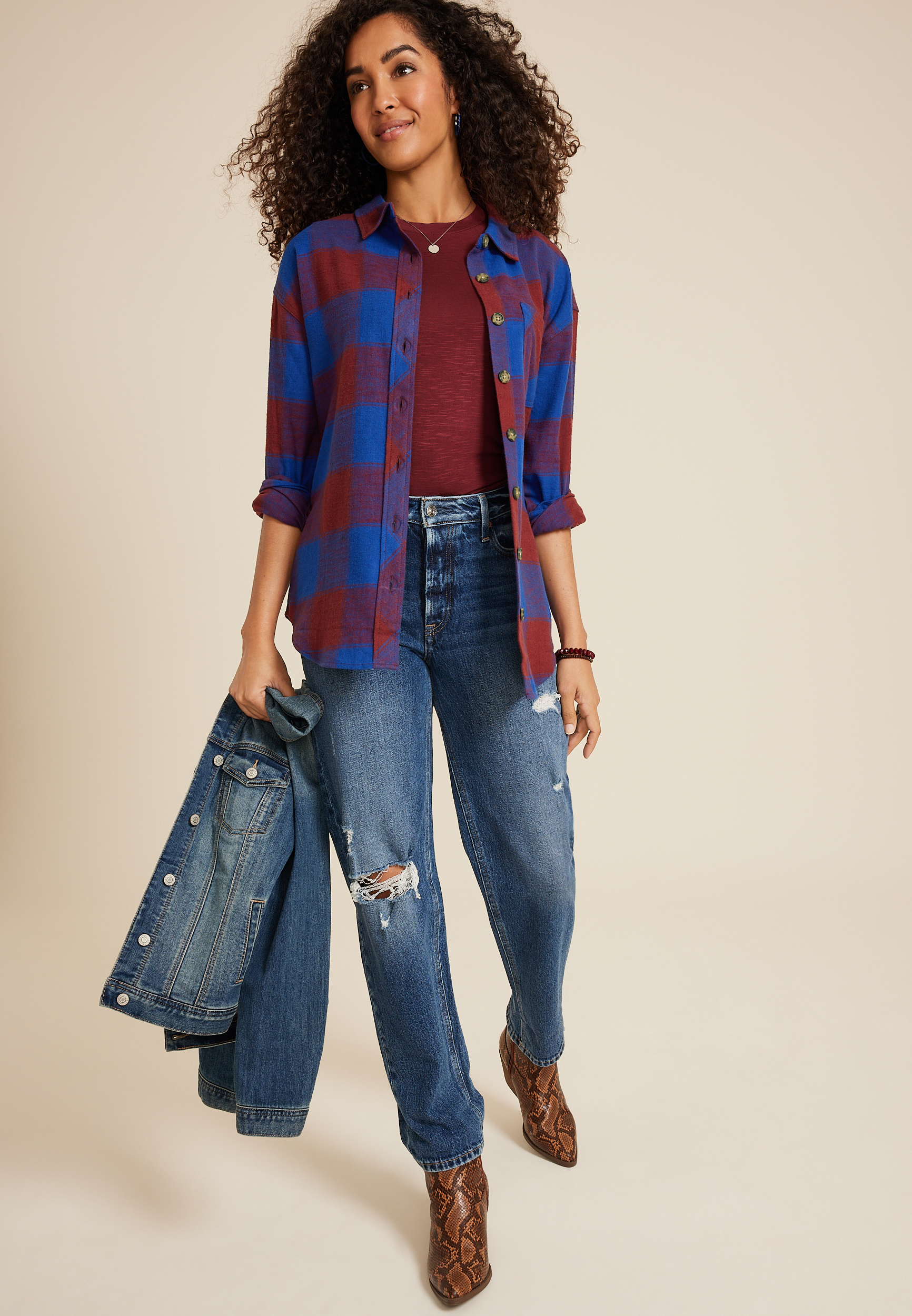 Cabin Plaid Boyfriend Tunic Shirt, C2607, large