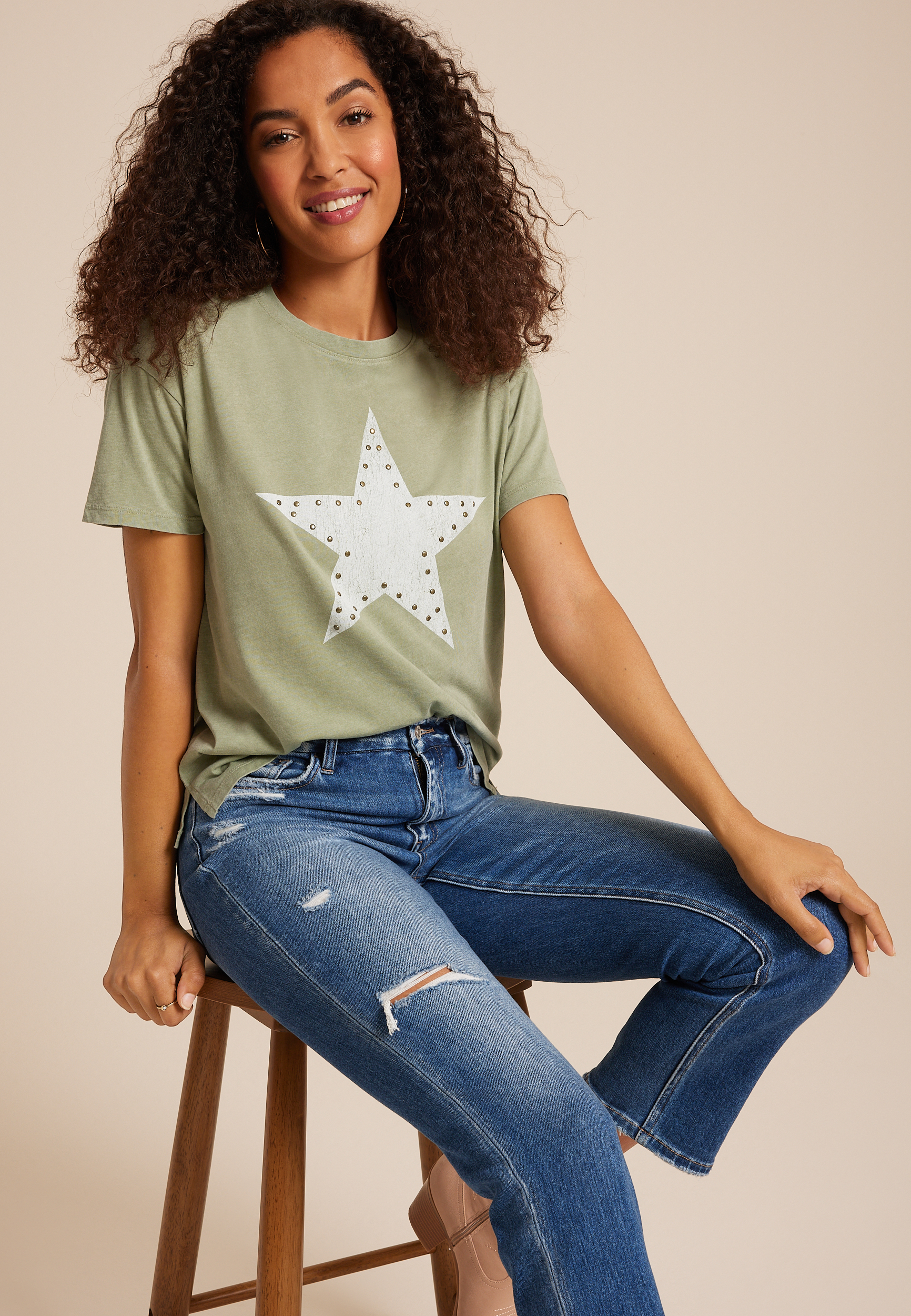 Maurices Women's X Small Size Studded Star Relaxed Fit Graphic Tee Green