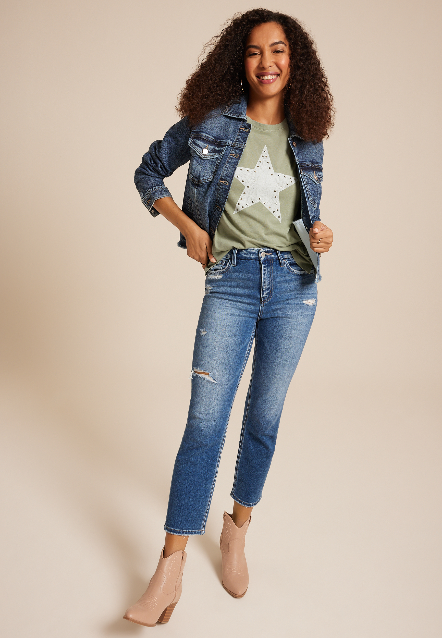 Studded Star Relaxed Fit Graphic Tee, OLIVE FOG, large