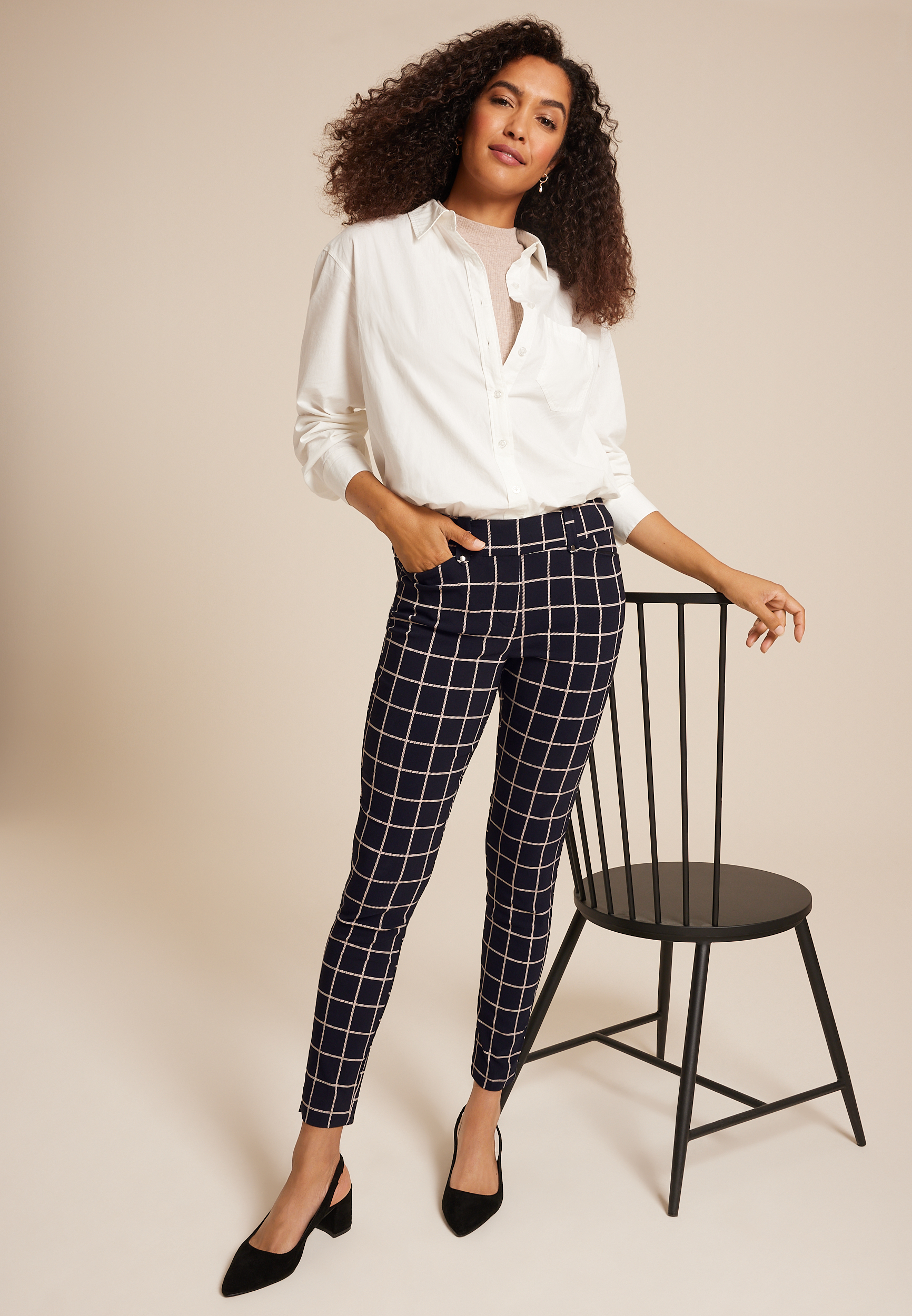 Bengaline Mid Rise Windowpane Skinny Pant, BLACK COMBO, large