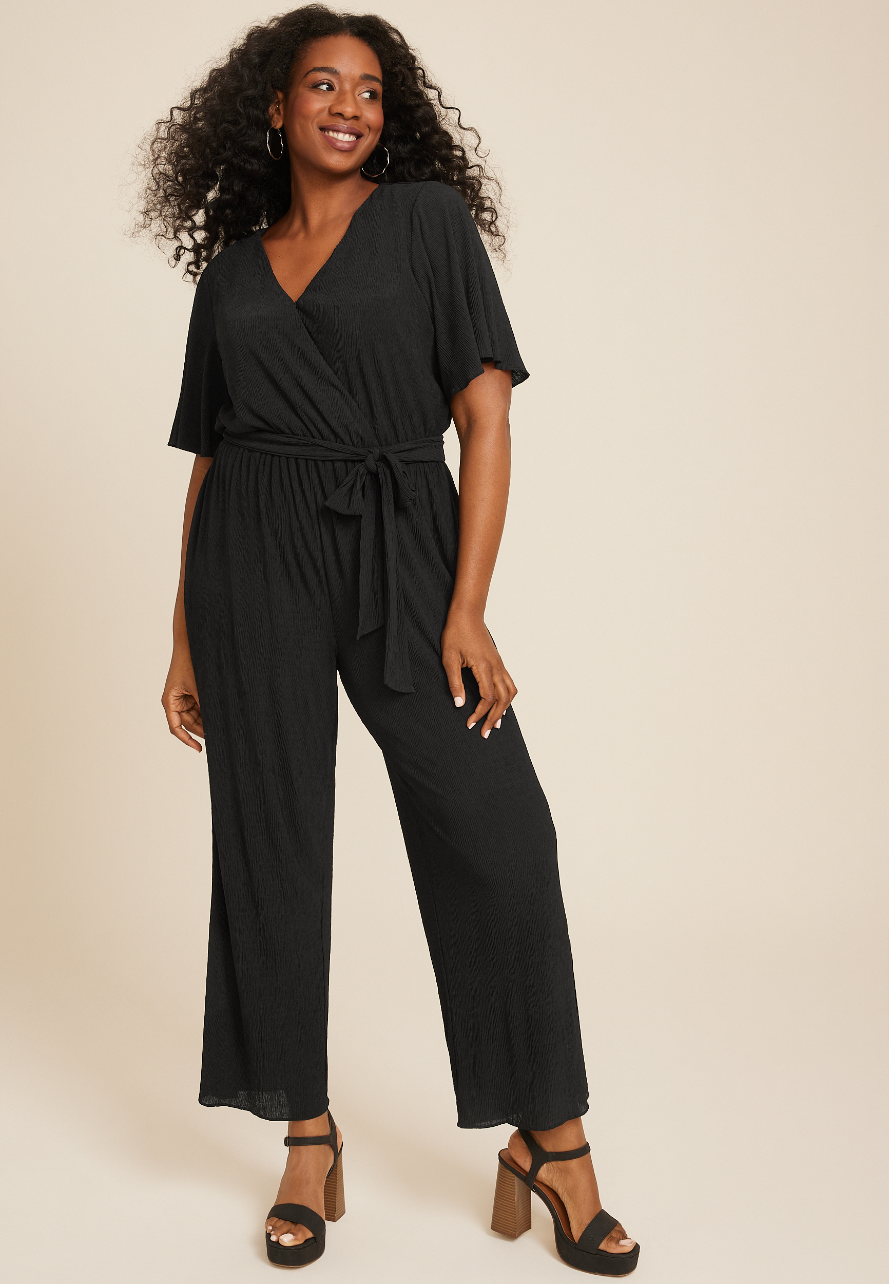 Plus Flutter Sleeve Tie Waist Jumpsuit