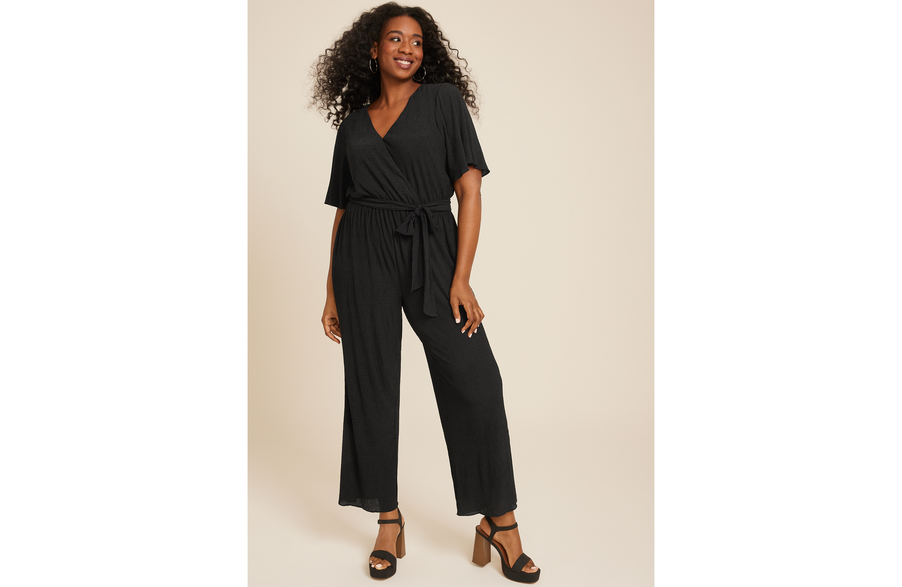 Plus Flutter Sleeve Tie Waist Jumpsuit
