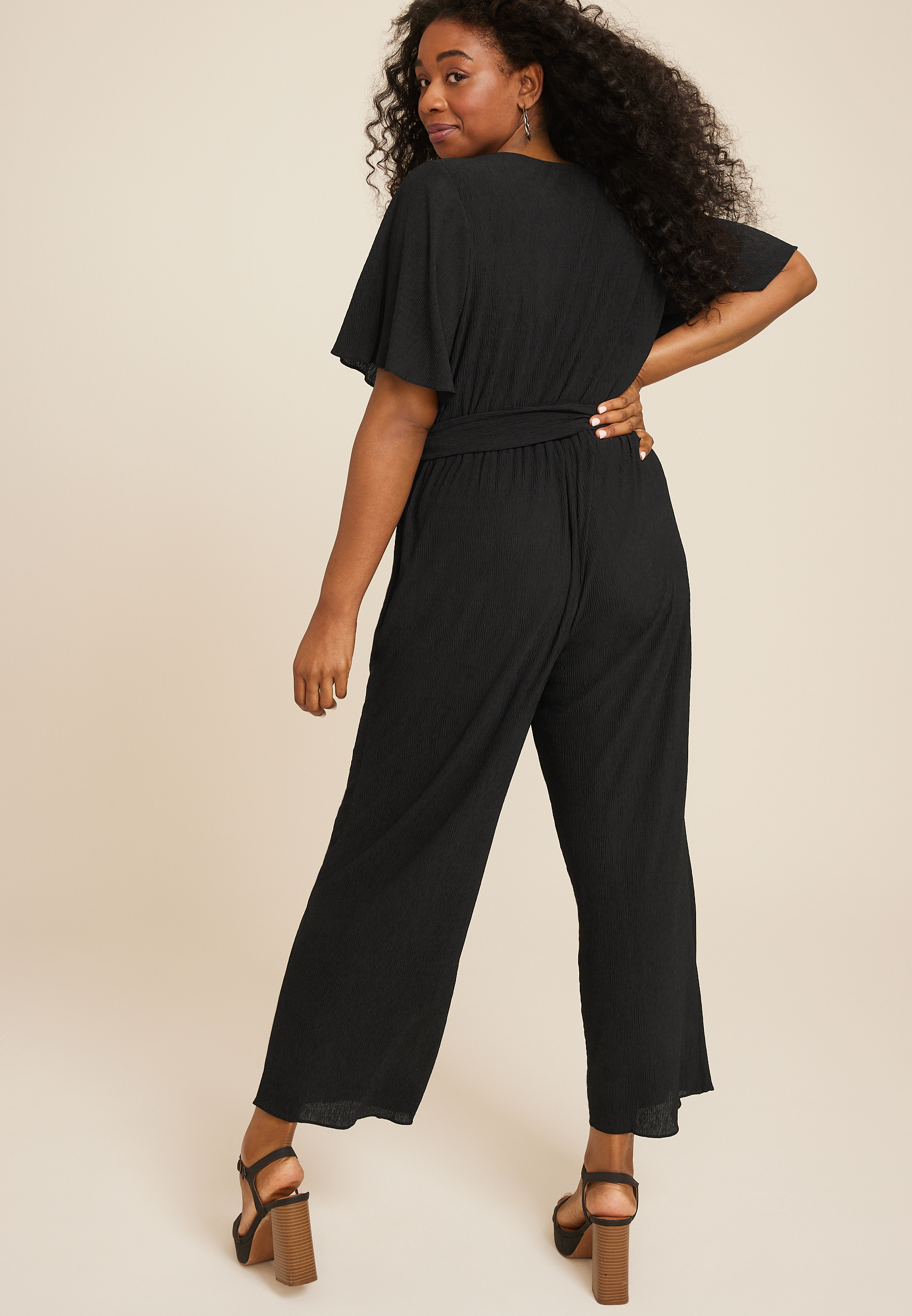 Plus Size Flutter Sleeve Tie Waist Jumpsuit, C106, large