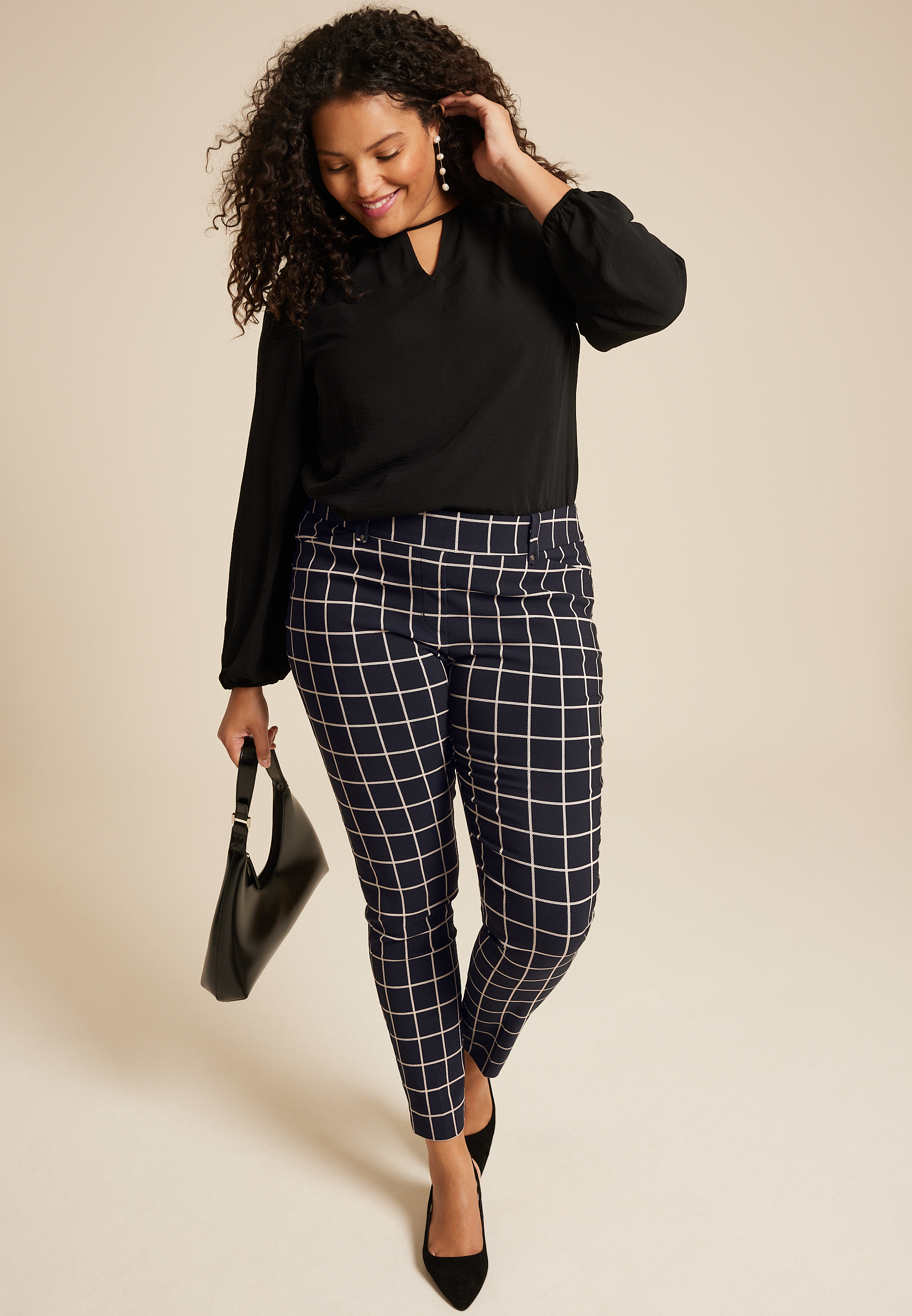 Plus Size Bengaline Mid Rise Windowpane Skinny Pant, C1756, large