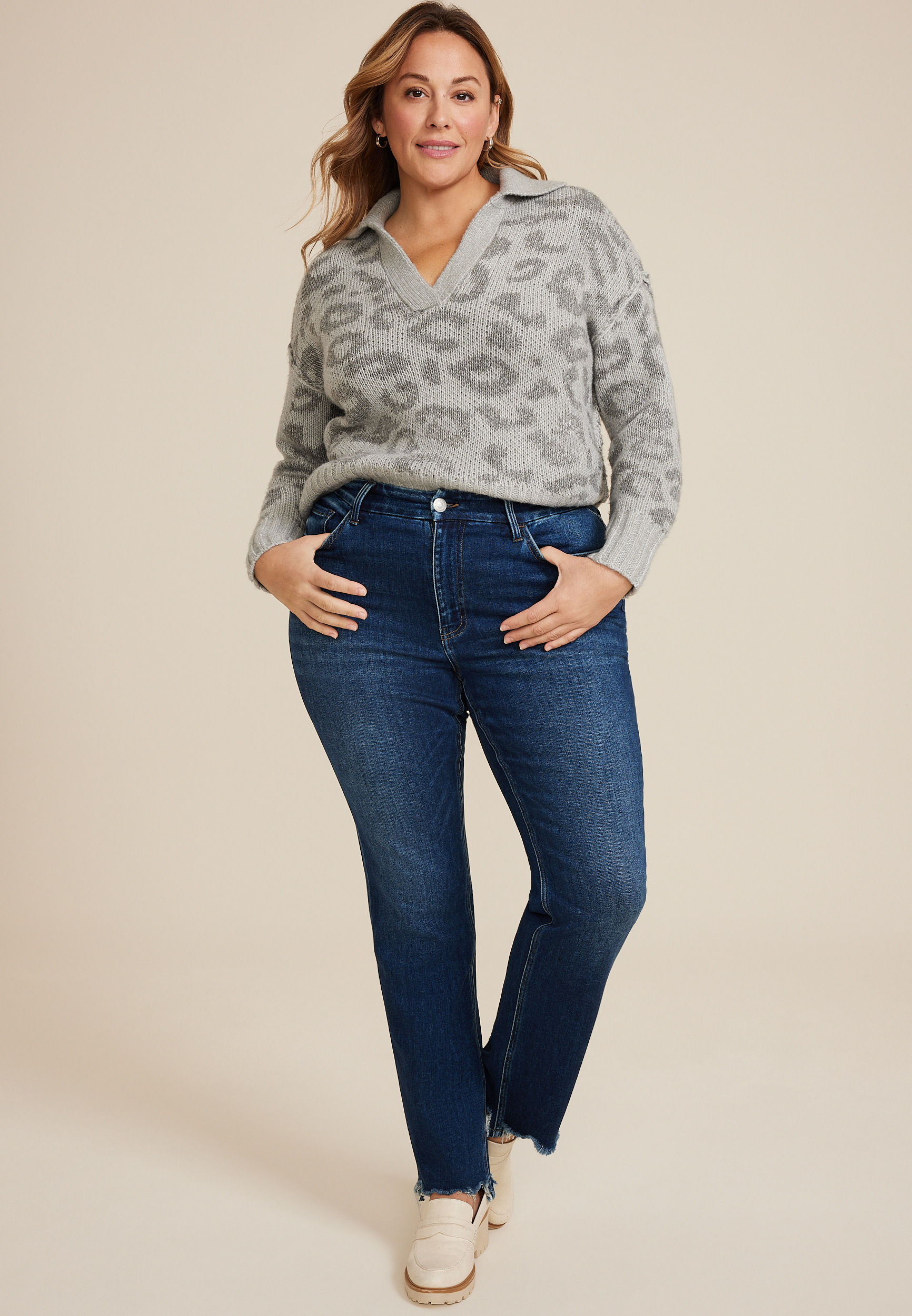 Plus Size Flying Monkey™ High Rise Frayed Hem Straight Jean