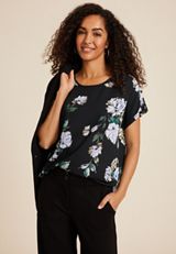 Delton Watercolor Floral Zipper Back Blouse, BLACK COMBO, small