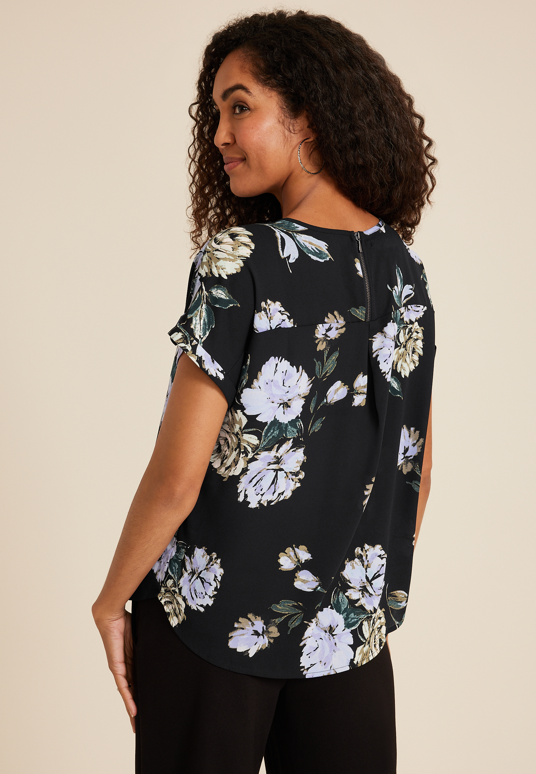 Delton Watercolor Floral Zipper Back Blouse, BLACK COMBO, large