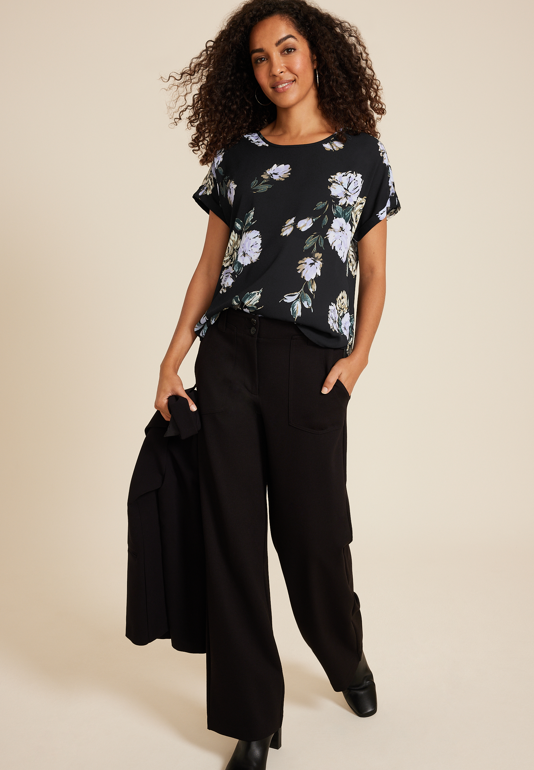 Delton Watercolor Floral Zipper Back Blouse, BLACK COMBO, large
