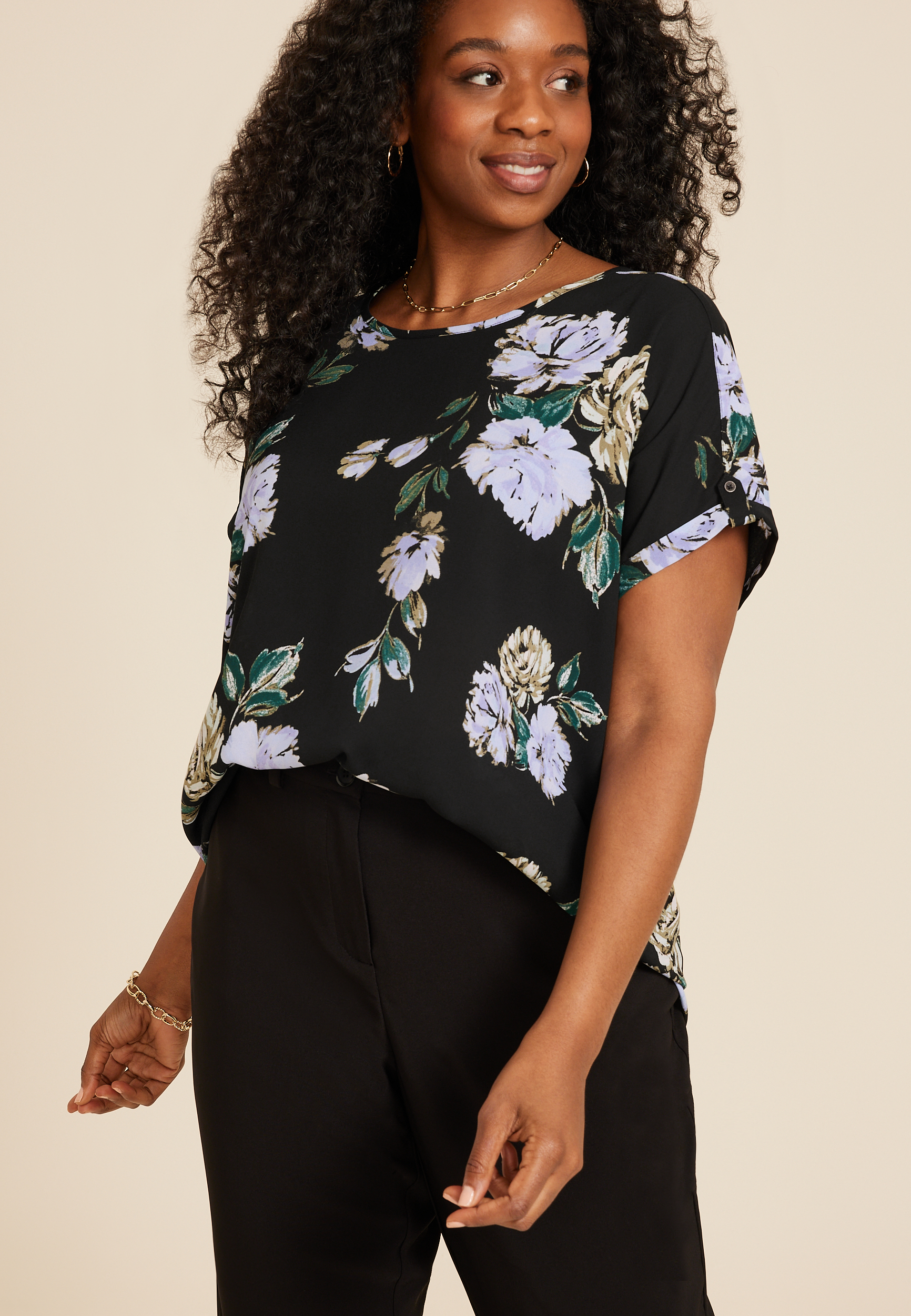 Plus Delton Watercolor Floral Zipper Back Blouse