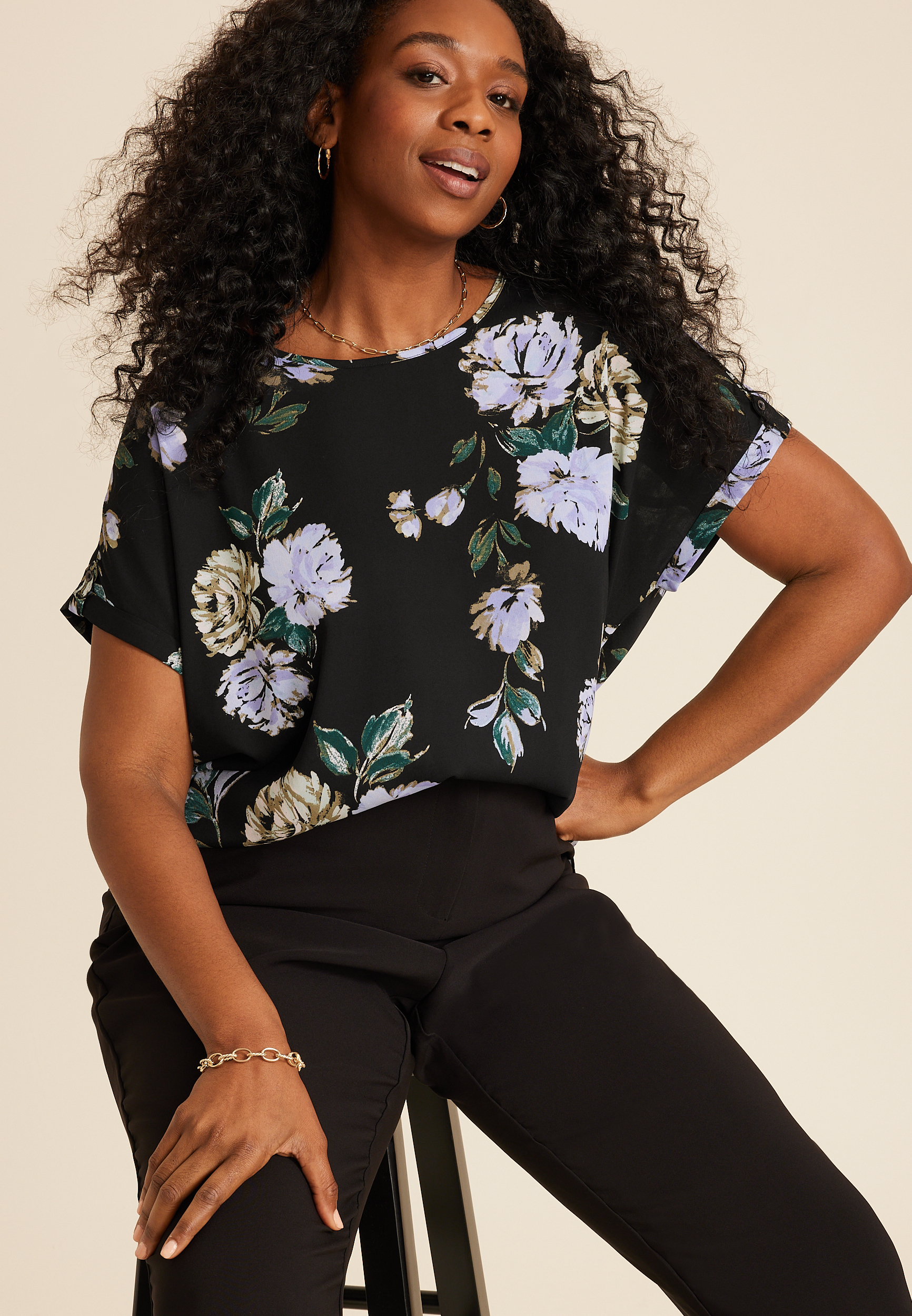 Plus Size Delton Watercolor Floral Zipper Back Blouse, C1756, large