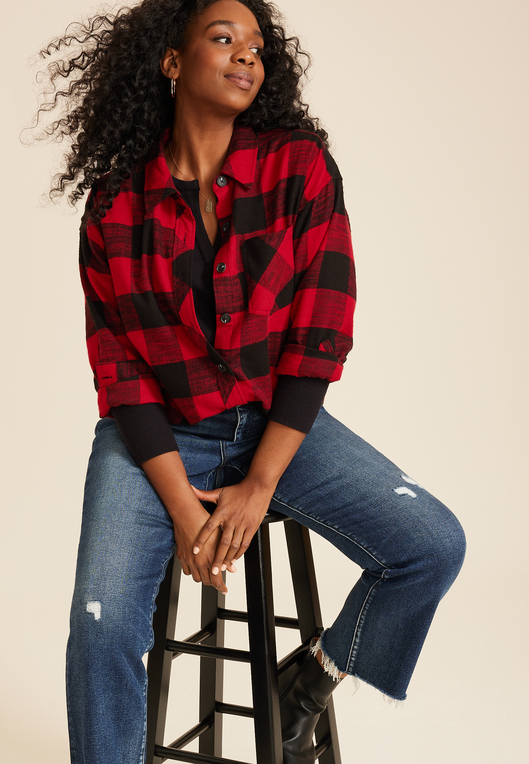 Plus Size Cabin Plaid Boyfriend Tunic Shirt, C7044, large