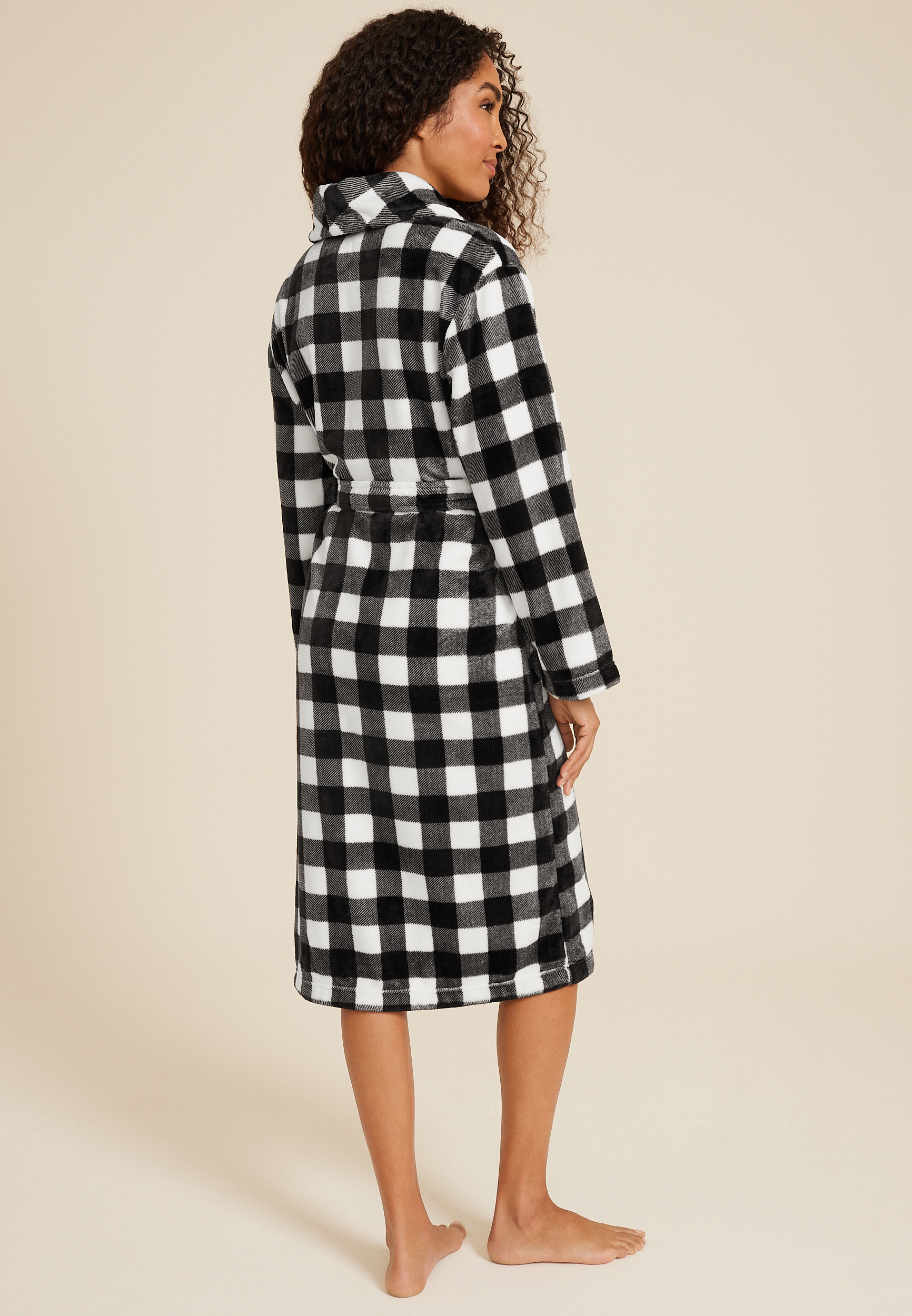 Buffalo Plaid Plush Long Robe, BLACK COMBO, large