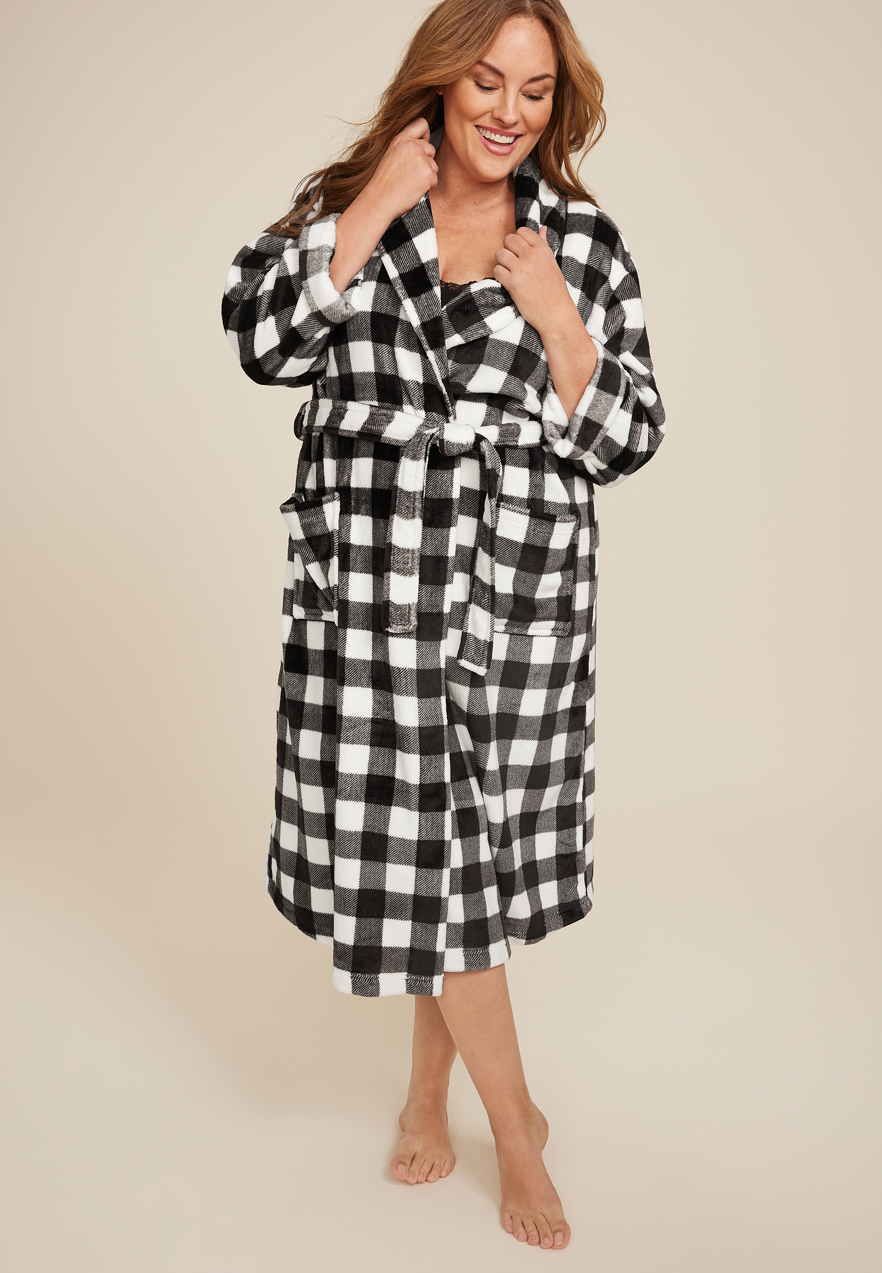 Plus Buffalo Plaid Plush Long Robe