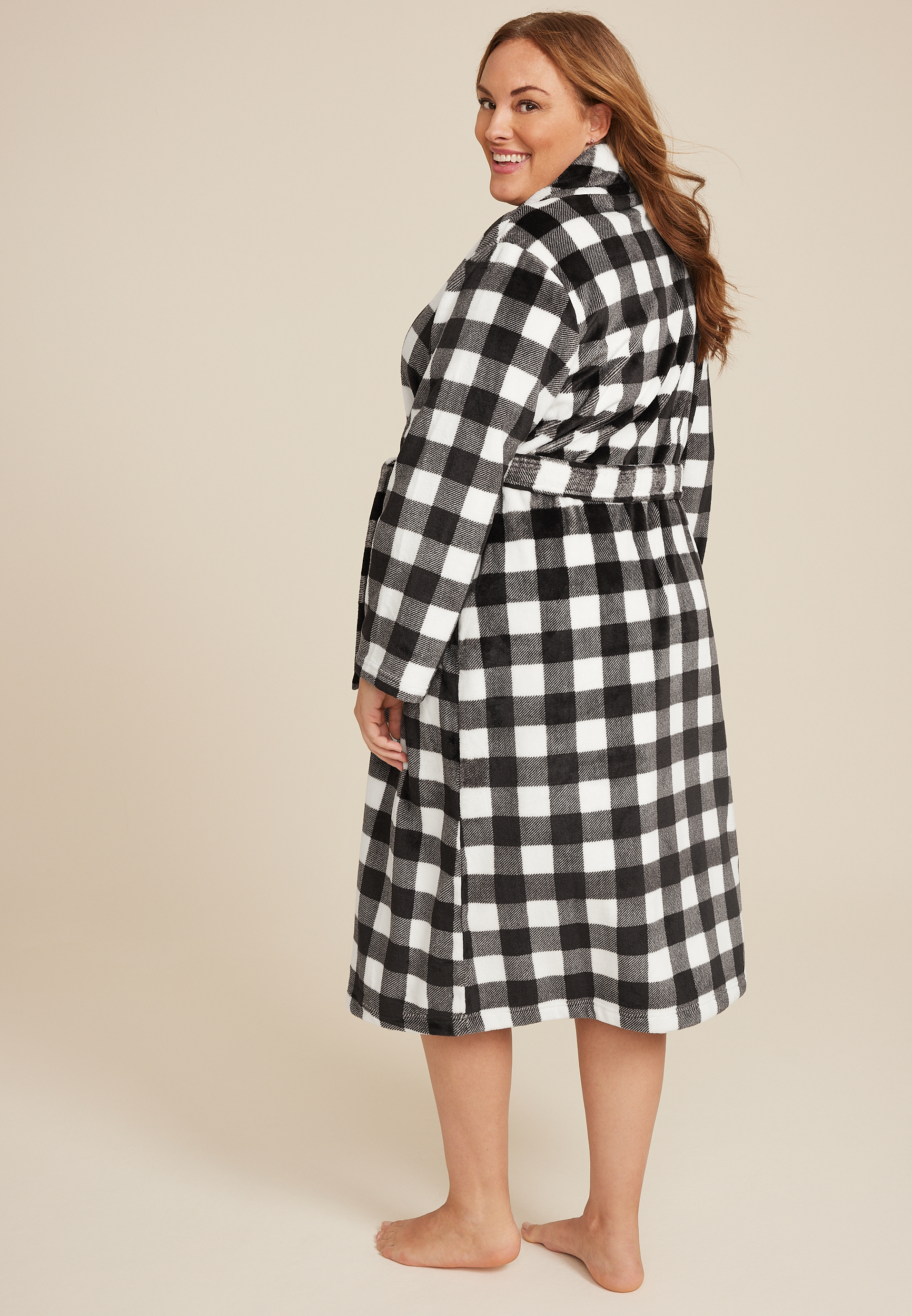 Plus Size Buffalo Plaid Plush Long Robe, C1756, large
