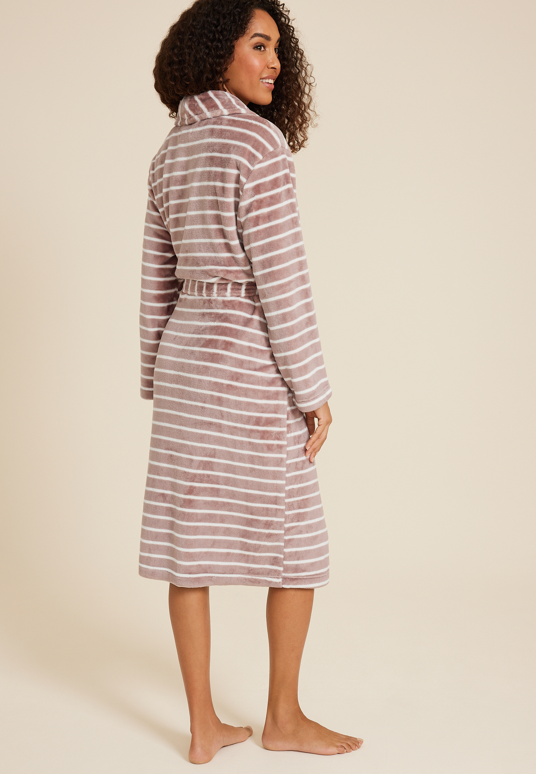 Striped Plush Long Robe, C6518, large