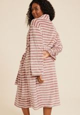 Plus Size Striped Plush Long Robe, COSMETIC MAUVE COMBO, small