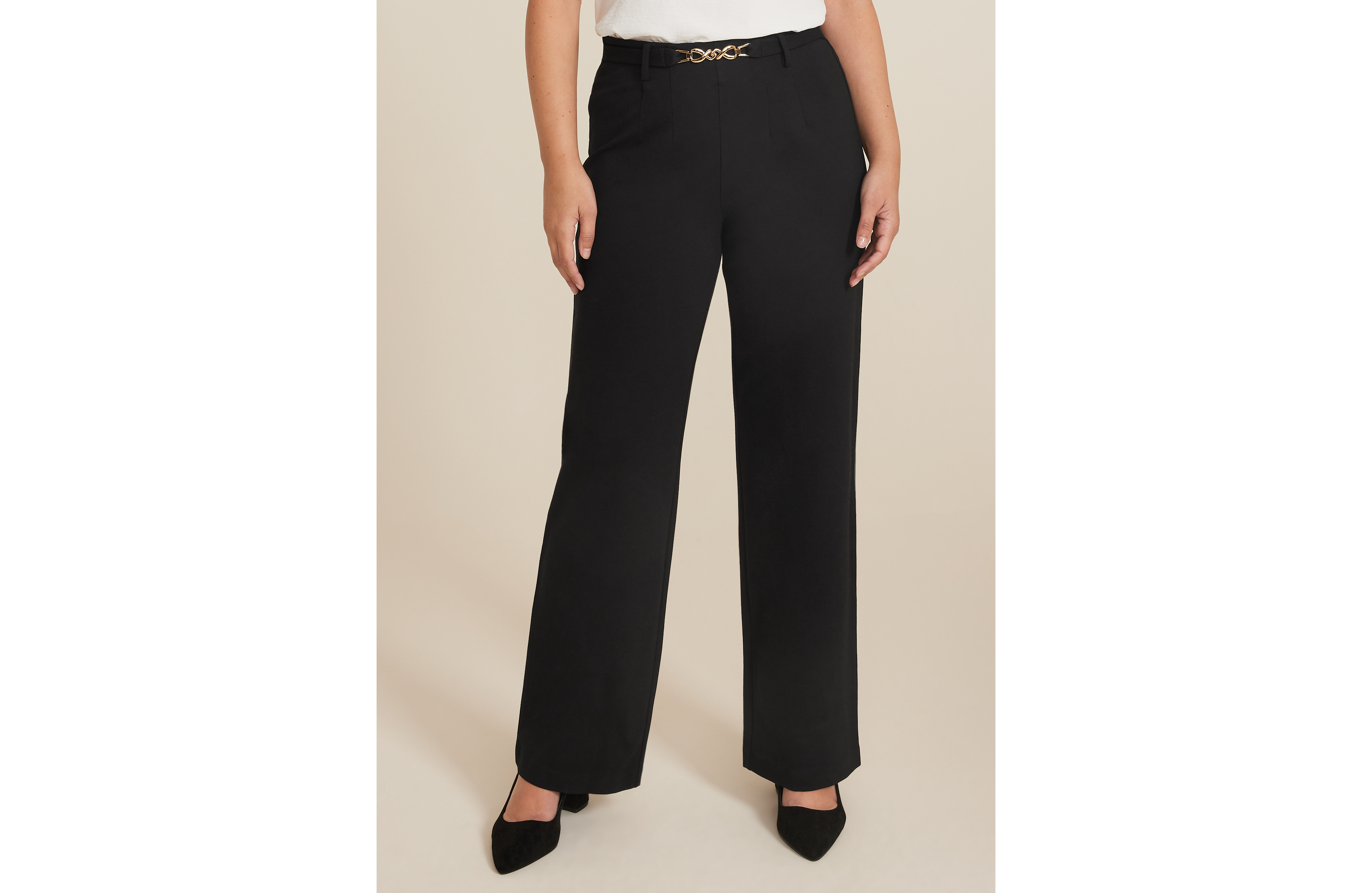 Ponte Gold Buckle High Rise Wide Leg Dress Pant