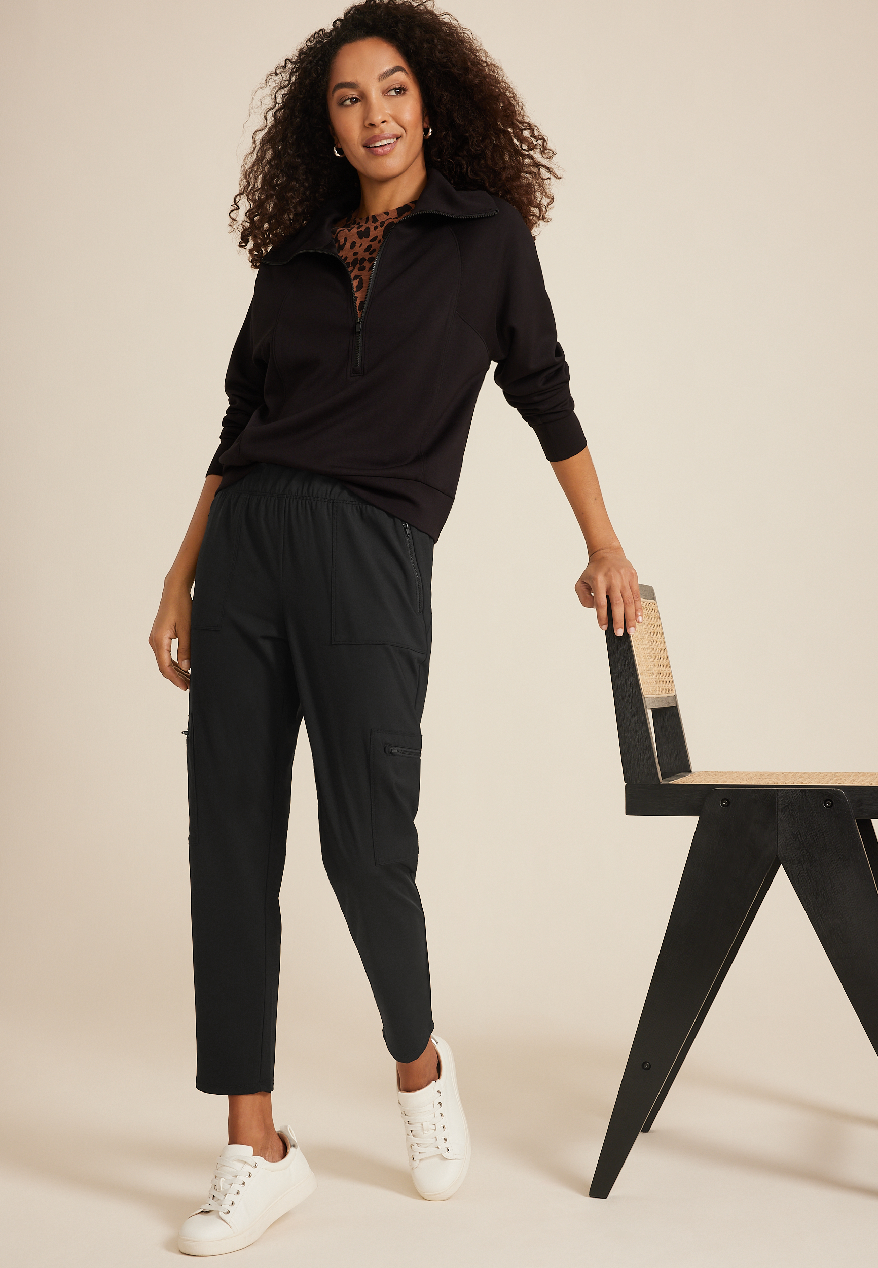 Zipper Cargo Pocket High Rise Traveler Pant, BLACK, large