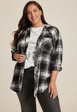 Plus Size Cabin Plaid Boyfriend Hooded Button Down Shirt, C1756, small