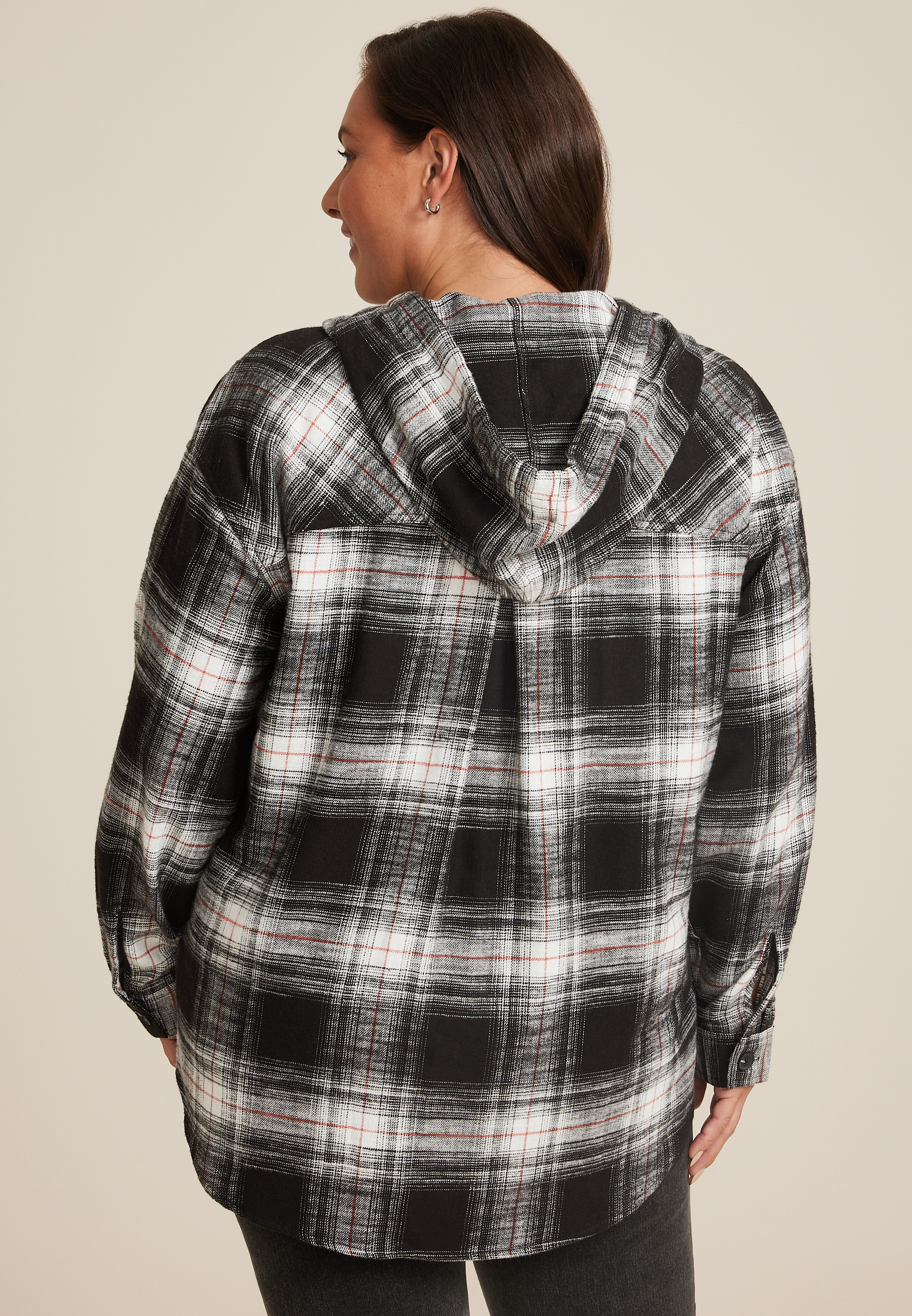 Plus Size Cabin Plaid Boyfriend Hooded Button Down Shirt, C1756, large