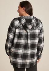 Plus Size Cabin Plaid Boyfriend Hooded Button Down Shirt, C1756, small