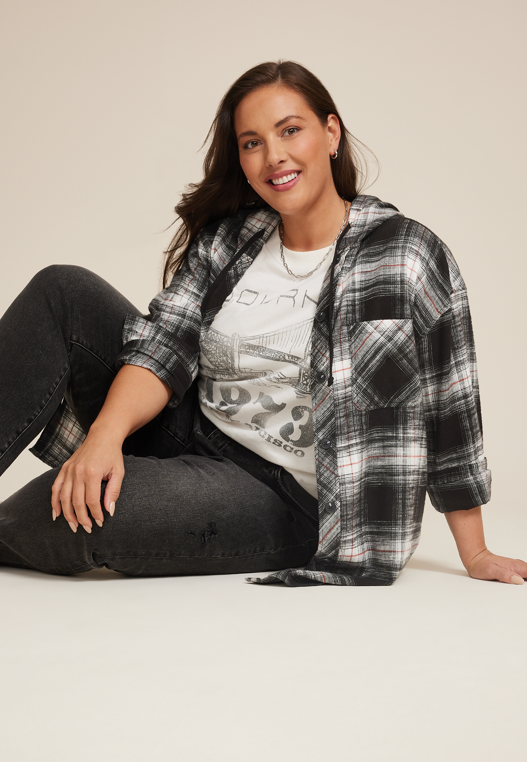 Plus Size Cabin Plaid Boyfriend Hooded Button Down Shirt, C1756, large
