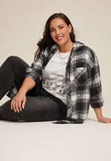 Plus Size Cabin Plaid Boyfriend Hooded Button Down Shirt, C1756, small
