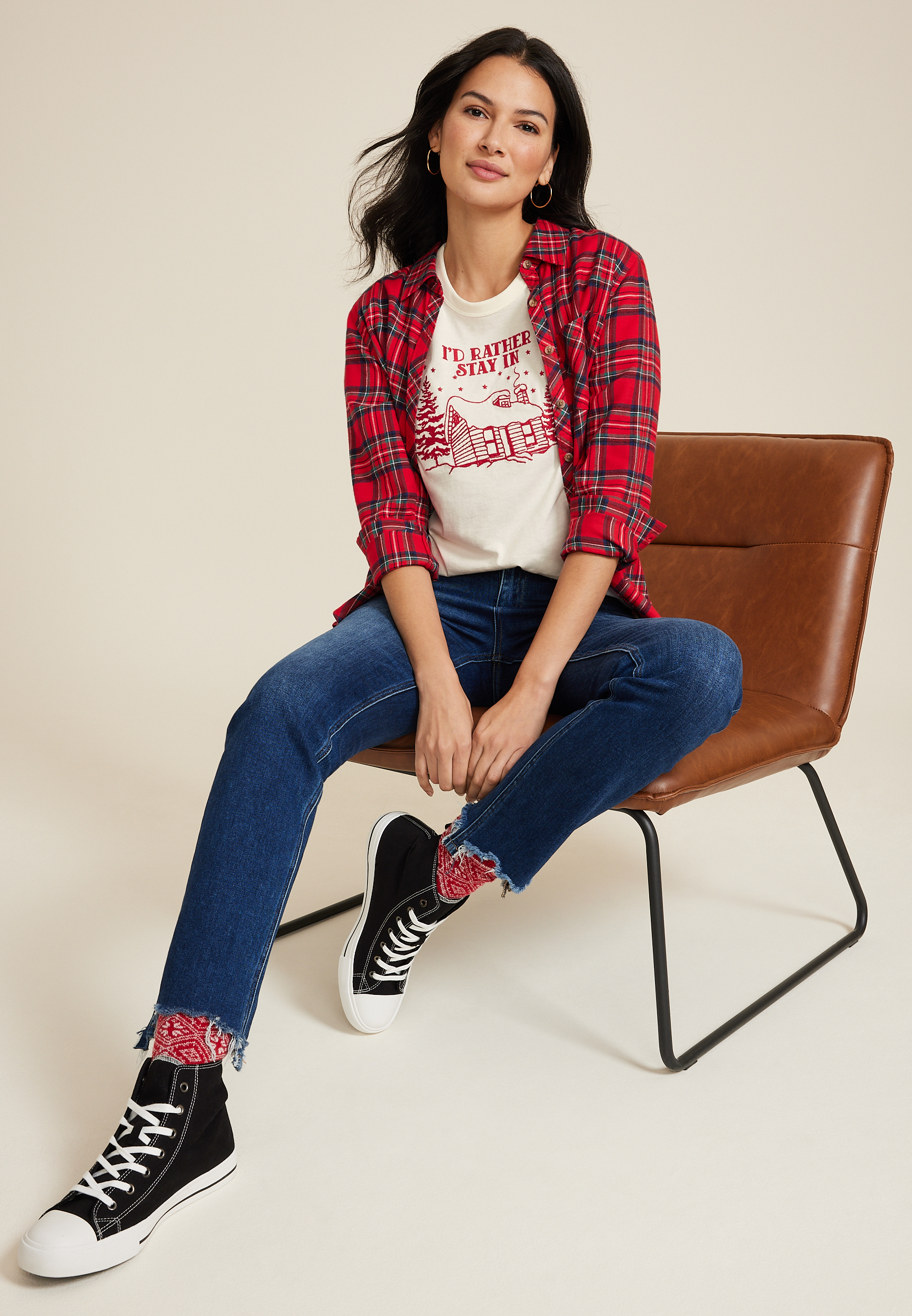 Id Rather Stay In Embroidered Classic Fit Graphic Tee, C2789, large