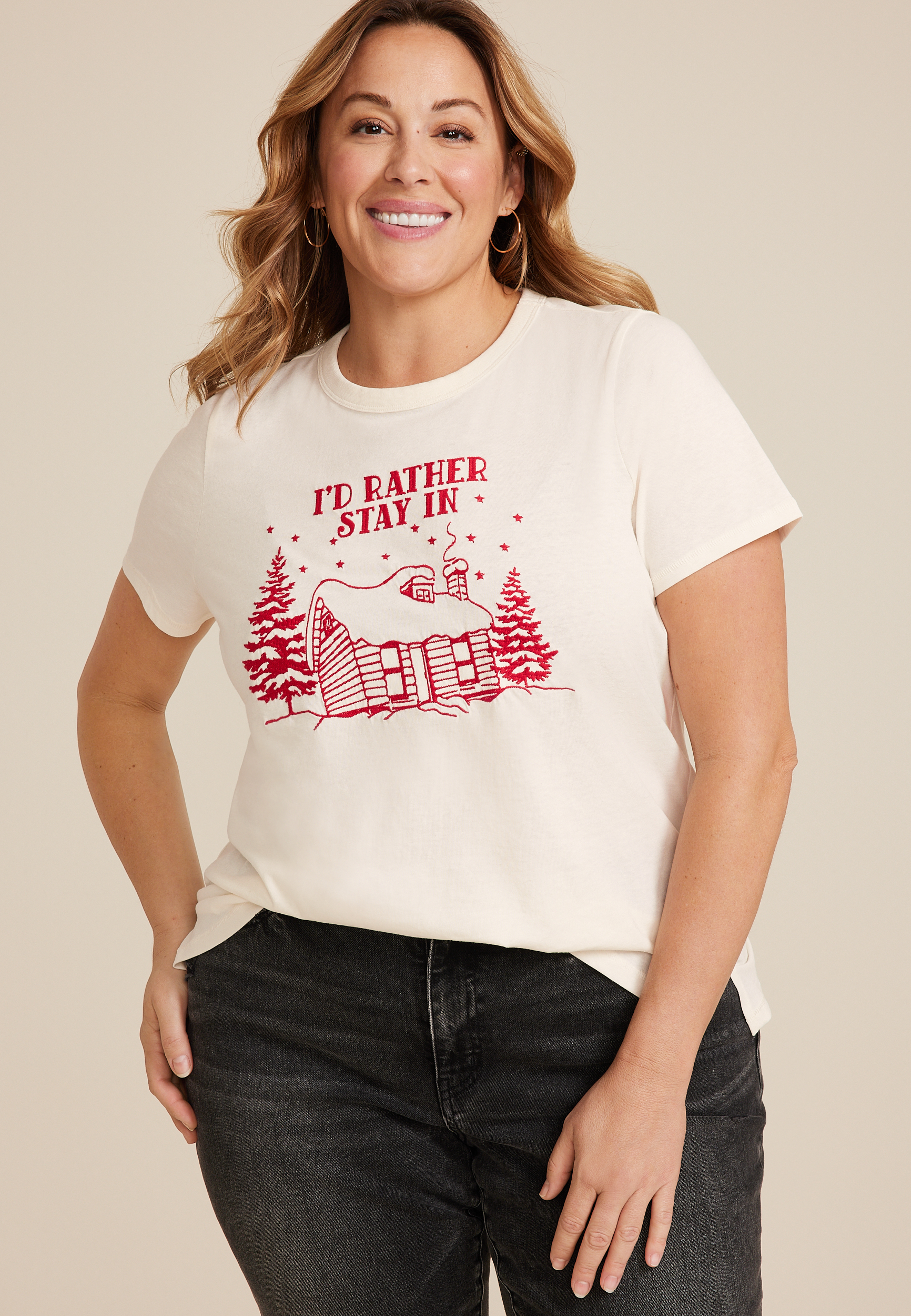 Plus Size Id Rather Stay In Embroidered Classic Fit Graphic Tee