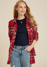 Cabin Plaid Boyfriend Button Down Shirt, RED COMBO, small