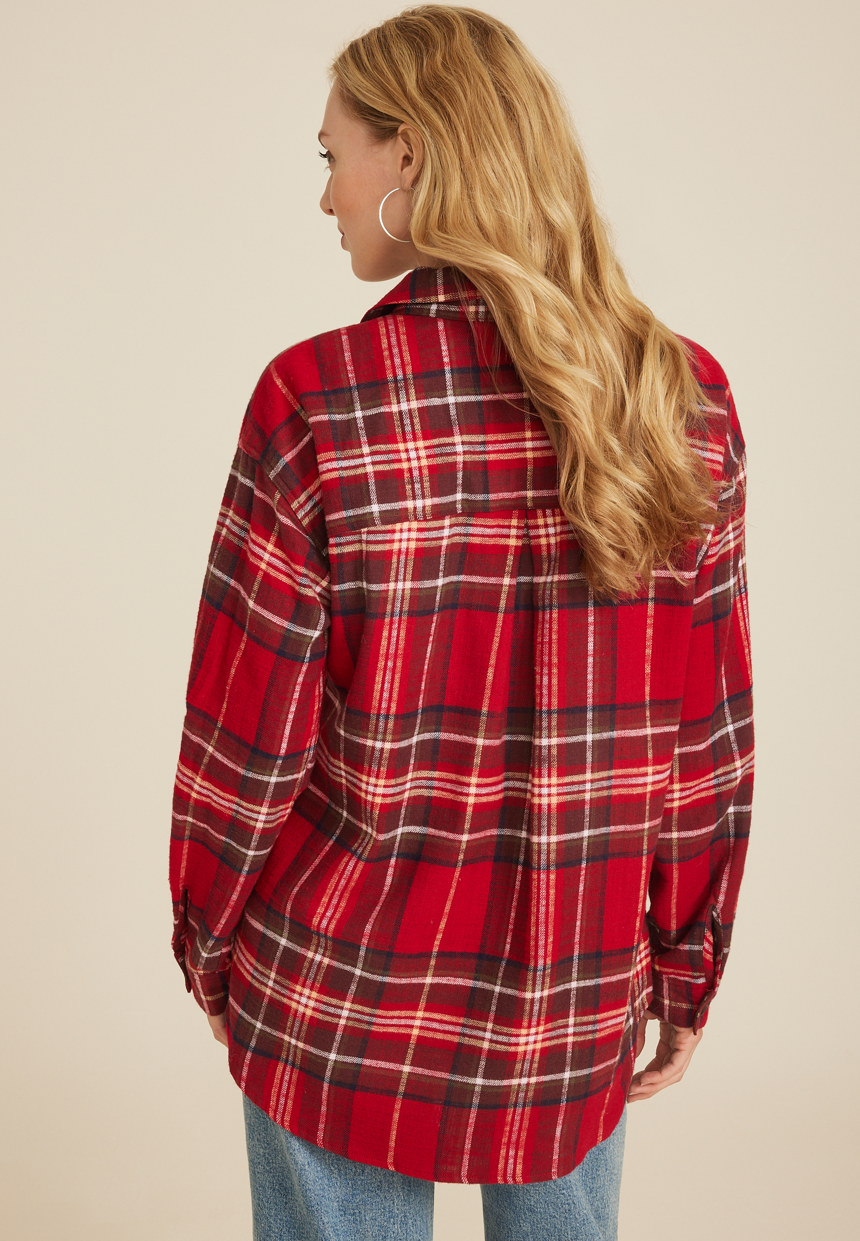 Cabin Plaid Boyfriend Button Down Shirt, RED COMBO, large