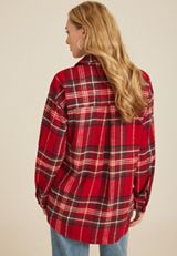 Cabin Plaid Boyfriend Button Down Shirt, RED COMBO, small