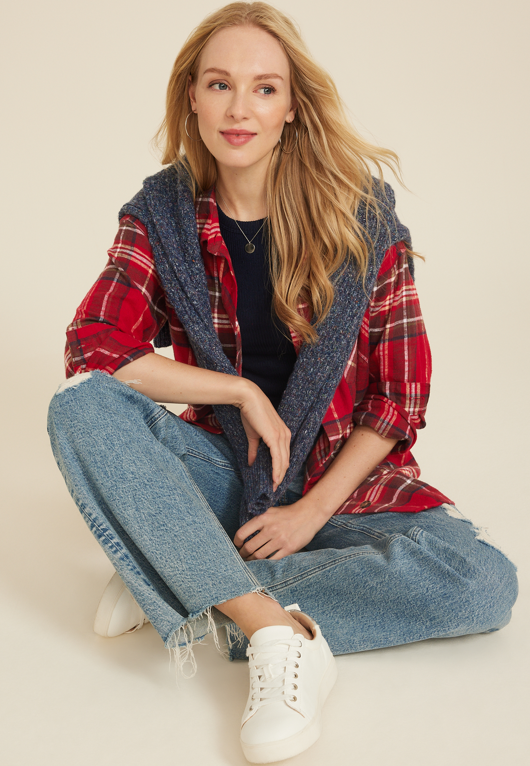 Cabin Plaid Boyfriend Button Down Shirt, RED COMBO, large