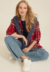 Cabin Plaid Boyfriend Button Down Shirt, RED COMBO, small