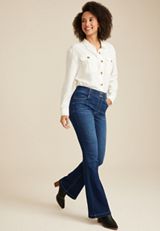 Everflex&trade; Dark High Rise Pull On Flare Jean, DARK SANDBLAST, small