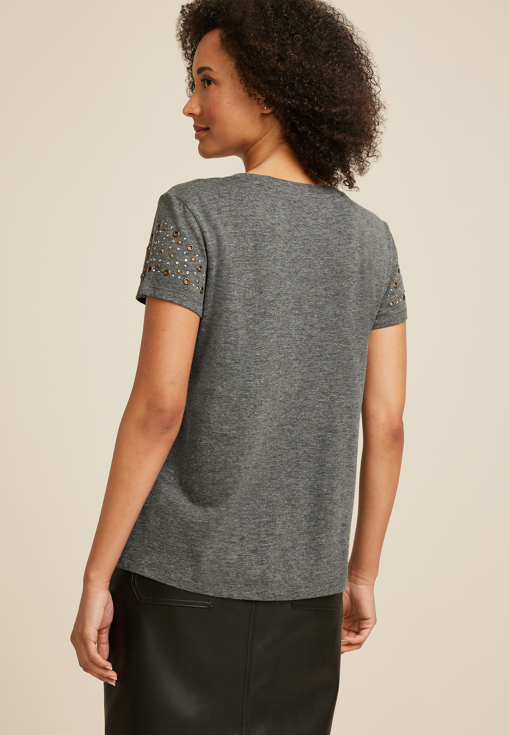 Embellished Short Sleeve Crew Neck Tee, C2820, large