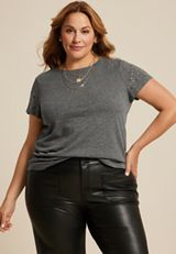 Plus Size Embellished Short Sleeve Crew Neck Tee, MEDIUM HEATHER GRAY, small