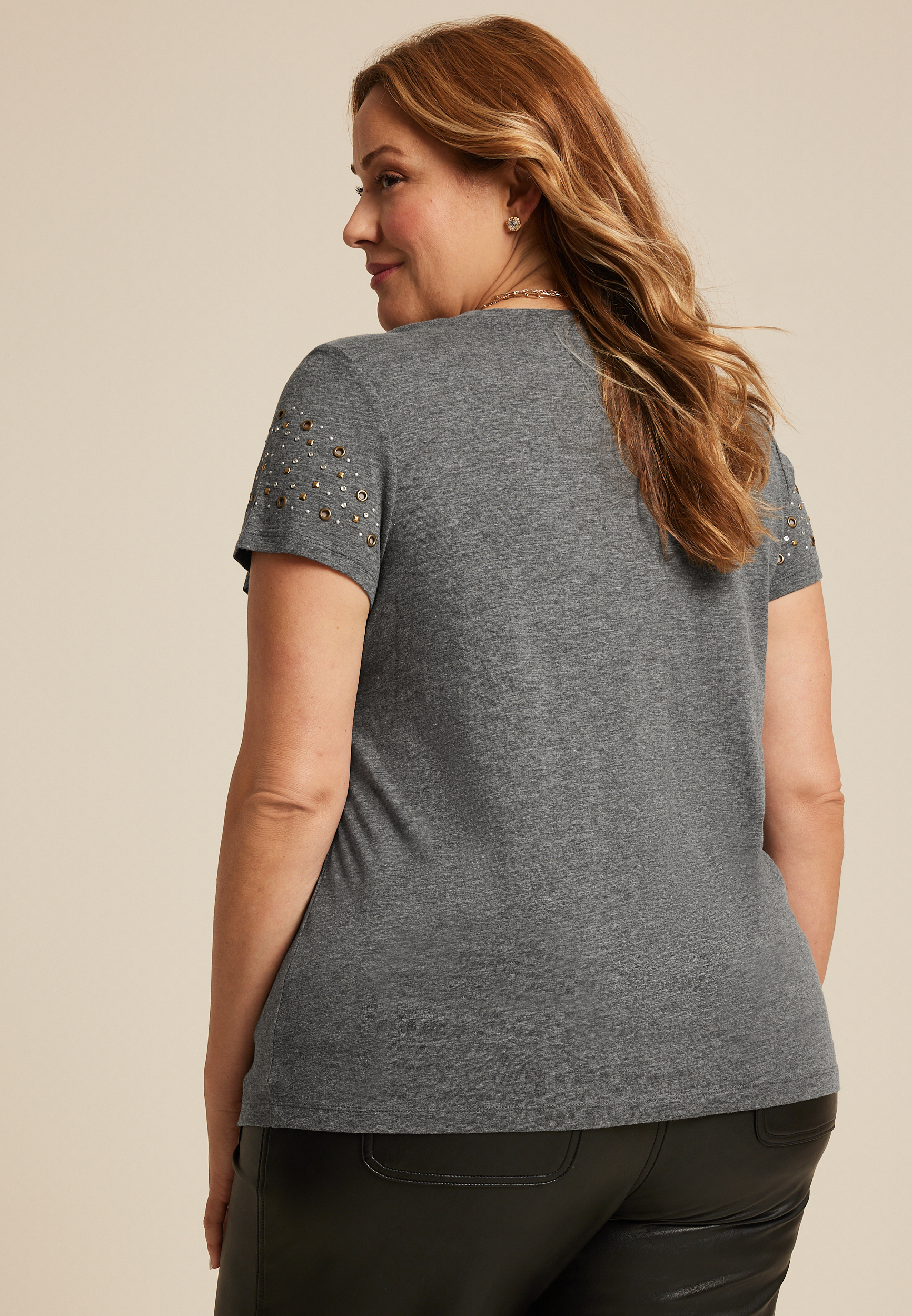 Plus Size Embellished Short Sleeve Crew Neck Tee, MEDIUM HEATHER GRAY, large