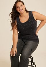 Plus Size Washed Rhinestone Tank Top, BLACK, small