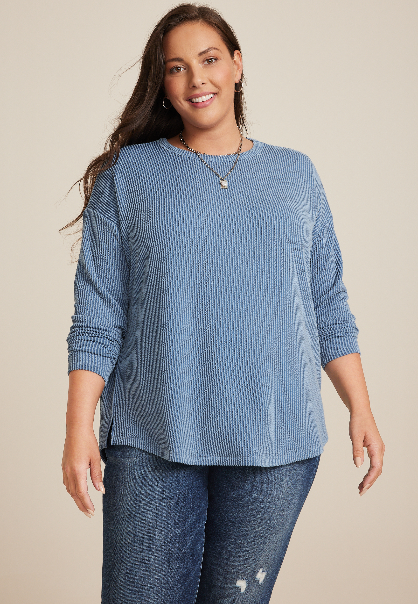 Maurices 1X Plus Size Women's 24/7 Clara Long Sleeve Ribbed Tee Blue